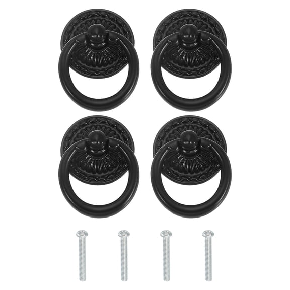 Single Hole Ring Pull 1.89x1.34" 4 Pcs Drawer Handles with Screws for Cabinet Wooden Box Case Wardrobe Cupboard Dresser Furniture Hardware Black