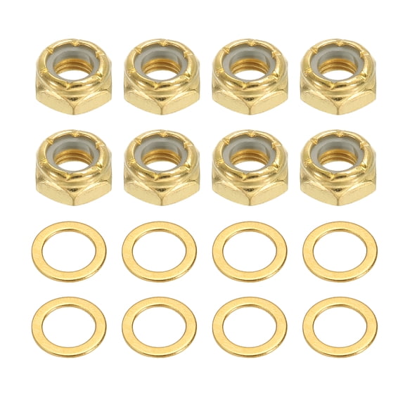 Uxcell Skateboard Truck Hardware Kit, Including 8 Pcs Skateboard Truck Nuts and 8 Pcs Axle Washers, Gold-Fitting For(Most Scooters/LongBoards/Hardware Kit)