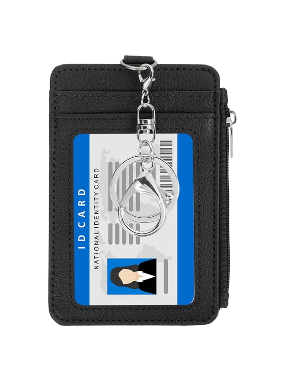 4.7 x 3.2 x 0.2" Slim PU Leather Card Holder Wallet, 1 Pack Small Front Pocket Credit Card Case with Zipper Coin Wallets, ID Window & Keychain for Women Men, Black