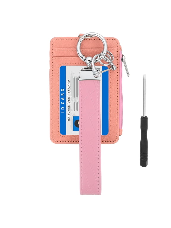 4.7 x 3.2 x 0.2" Slim PU Leather Card Holder Wallet, 1 Set Small Front Pocket Credit Card Case with Zipper Coin Wallets, ID Window & Keychain Wristlet for Women Men, Pink