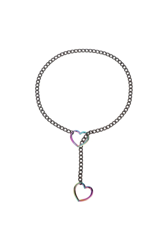 Slip Chain Necklace, 27.6 Inches Cuban Adjustable Y Necklace with Heart O Ring Stainless Steel Chain Chokers for Women Punk Gothic Jewelry, Black & Multicolor Heart