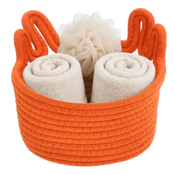 Uxcell Small Cotton Rope Woven Storage Basket, 7.9x6.7" Cute Cat Ears Decorative Organization Storage Bins with Handles for Nursery Living Room Shelf, Empty Gift Basket, Orange