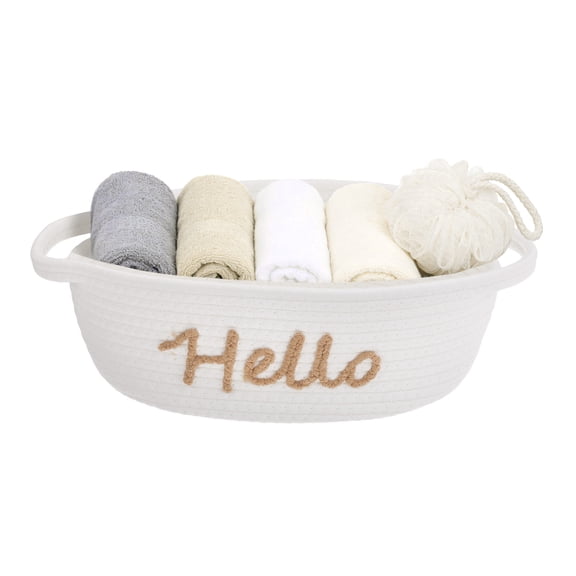 Uxcell Small Cotton Rope Woven Storage Basket, Cute Oval Decorative Organization Storage Bins with Double Ear Handles Empty Gift Basket or Nursery Living Room Shelf, Beige, Brown Letters