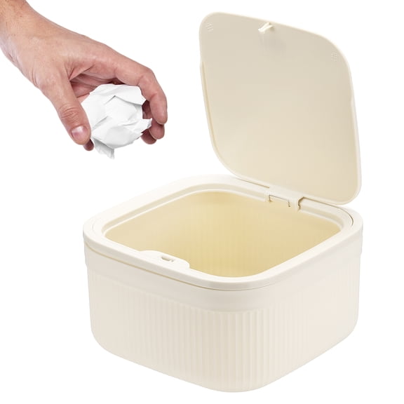 Uxcell Small Desktop Trash Can with Press Top, 3.5 Inch Compact Mini pp Wastebasket Garbage Can Trash Bin for Bathroom Office Coffee Bar Bedroom Countertop Wastebasket, Cream
