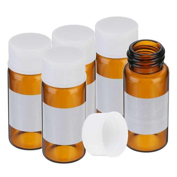Uxcell Small Glass Sample Bottles with Lids, 5 Pcs 10ml Amber Glass Vials with White Screw Caps Mini Leak Proof Reagent Sealed Bottles with Writing Label for Solid Liquid Powder Storage