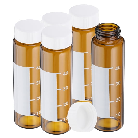 Uxcell Small Glass Sample Bottles with Lids, 5 Pcs 50ml Amber Glass Vials with White Screw Caps Mini Leak Proof Reagent Sealed Bottles with Scale Writing Label for Solid Liquid Powder