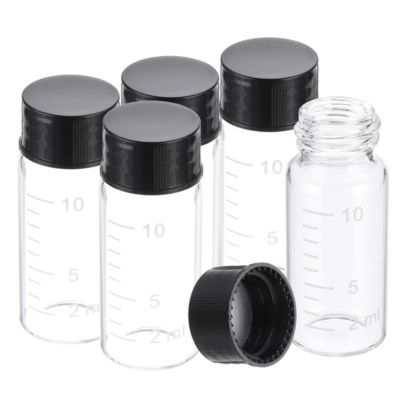Uxcell Small Glass Sample Bottles with Lids, 5 pcs 10ml Clear Glass Vials with Black Screw Caps Mini Leak Proof Reagent Sealed Bottles with Scale for Solid Liquid Powder Storage
