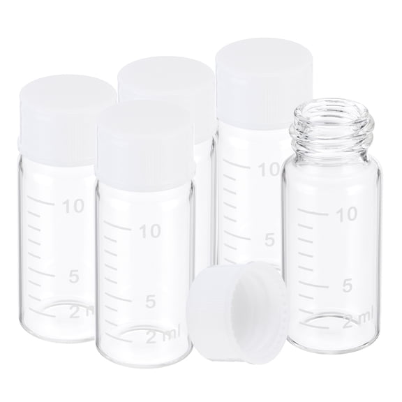 Uxcell Small Glass Sample Bottles with Lids, 5 pcs 10ml Clear Glass Vials with White Screw Caps Mini Leak Proof Reagent Sealed Bottles with Scale for Solid Liquid Powder Storage