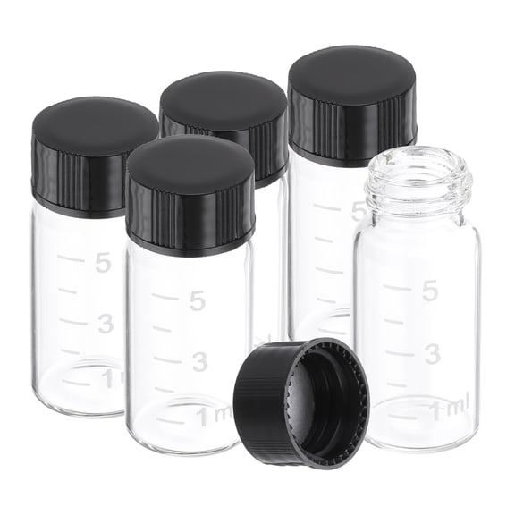 Uxcell Small Glass Sample Bottles with Lids, 5 pcs 5ml Clear Glass Vials with Black Screw Caps Mini Leak Proof Reagent Sealed Bottles with Scale for Solid Liquid Powder Storage