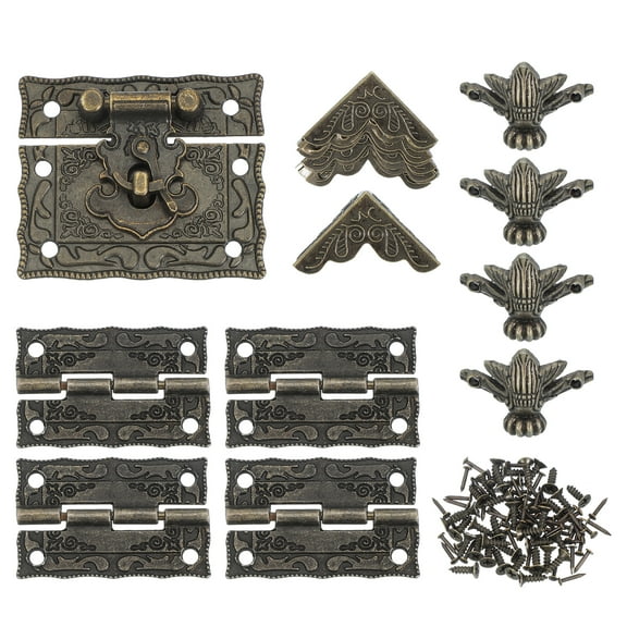 Uxcell Small Hinges for Wooden Box, Vintage Engraved Latch Hook Hasp with Screws & Box Corner Protectors (50x43mm), Bronze