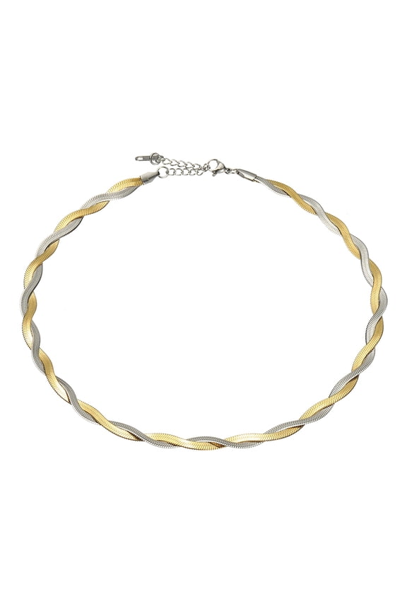 Snake Chain Herringbone Chokers, 16"+2" Layer Braided Chain, Silver/Gold