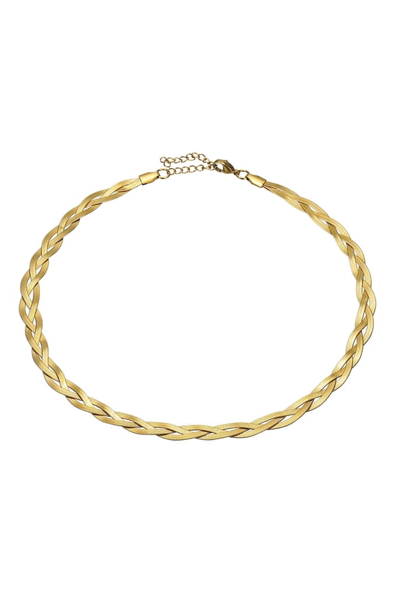 Snake Chains Necklace Herringbone Chokers, 16"+2" Layer Braided Chain, Gold
