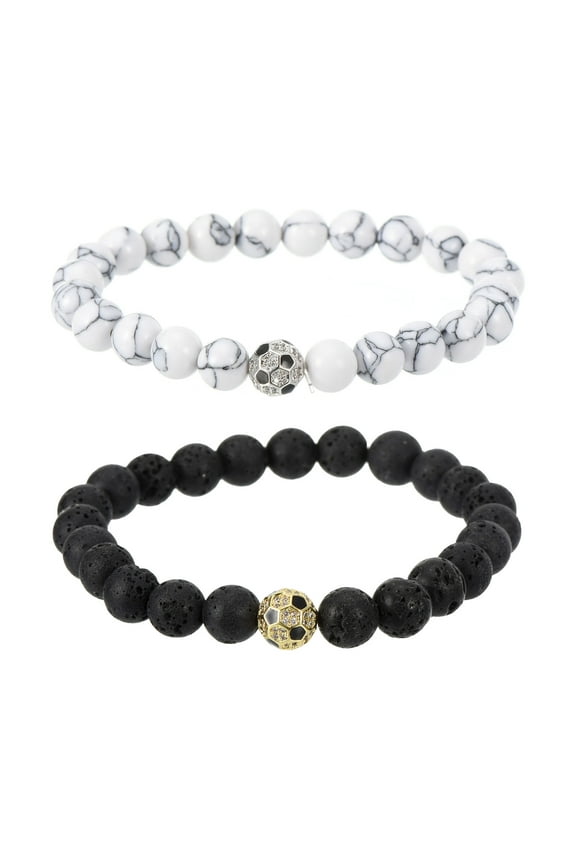 Soccer Bracelets, 2Pcs Beaded Soccer Gifts Adjustable Wristbands Black White