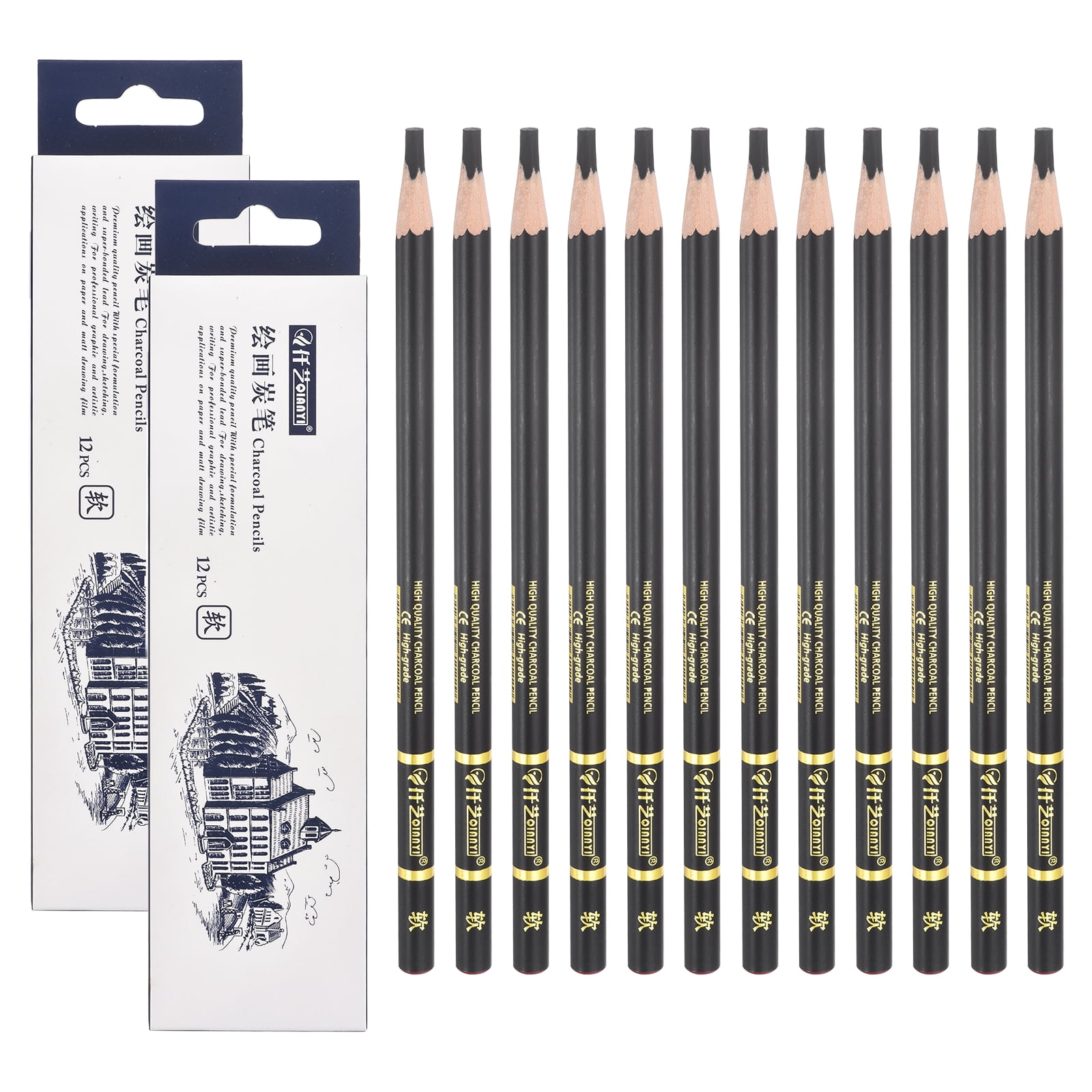 Uxcell Soft Charcoal Pencils for Drawing, 24Pcs Professional Charcoal Pencils Art Supplies Set Oily Black Break-Resistant for Sketching Artists Beginners Shading Blending