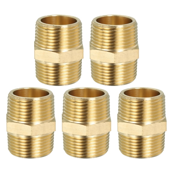 Uxcell Solid Brass Hex Nipple Pipe Fitting, 5 Pack 1" NPT x 1" NPT Male Water Line Couplings