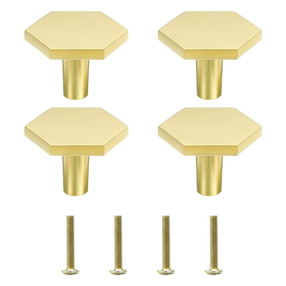 Uxcell Solid Knobs, 4 Pack Hexagon Zinc Alloy Cabinets Knob with Screw (M4, Gold)