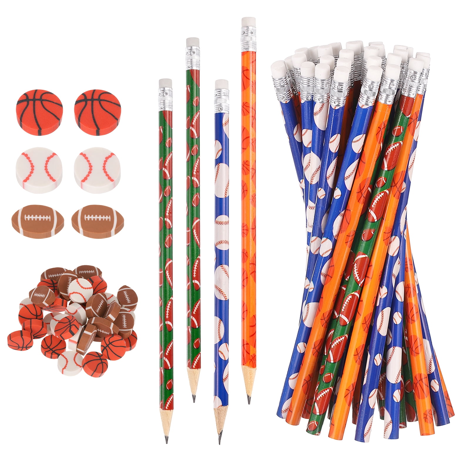 Uxcell Sports Pencils with Eraser, 36 Pcs Fun Cute Wooden Pencils 36 Pcs Sport Ball Erasers Basketball/Rugby/Baseball Theme for Party Favors Classroom Reward