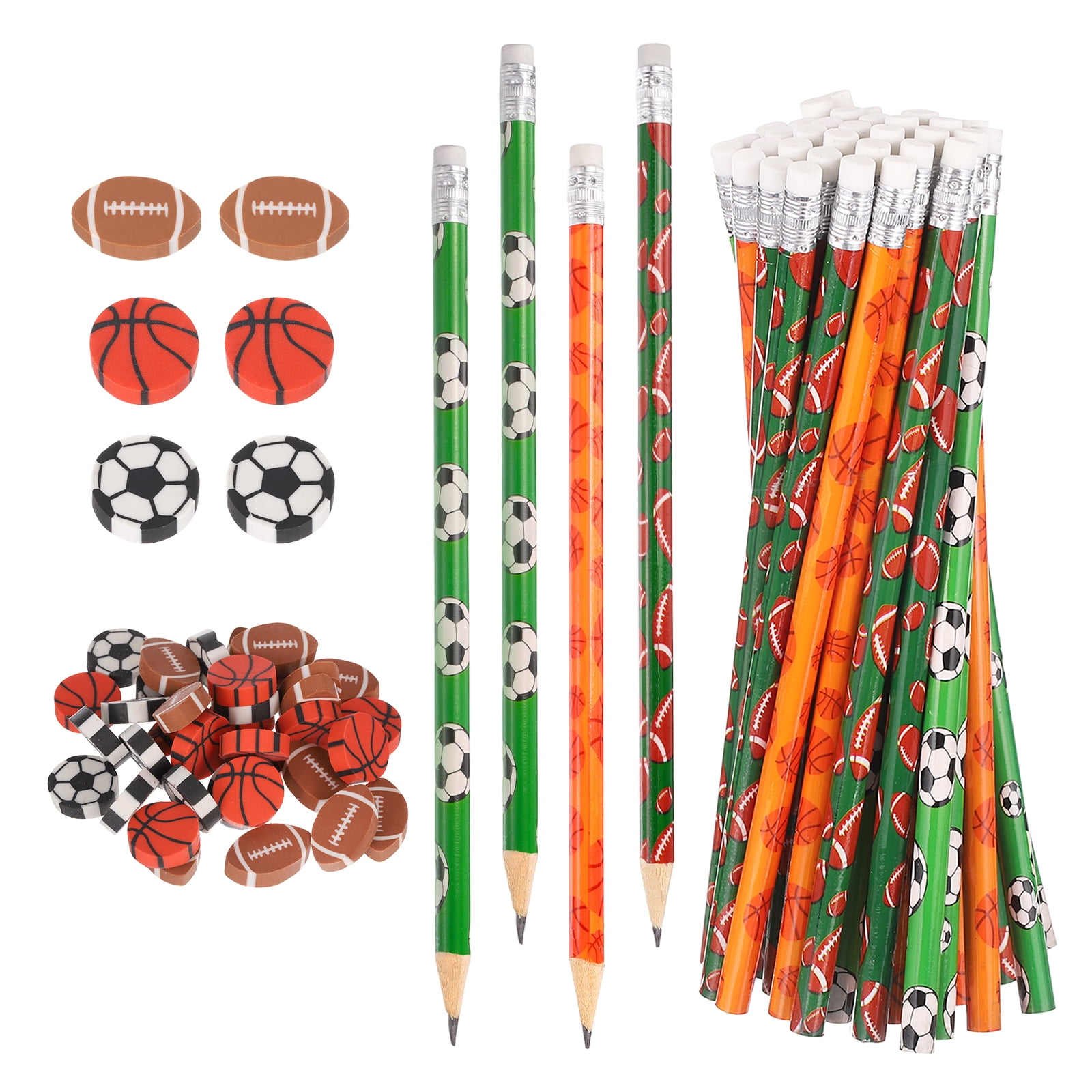Uxcell Sports Pencils with Eraser, 36 Pcs Fun Cute Wooden Pencils 36 Pcs Sport Ball Erasers Football/Basketball/Rugby Theme for Party Favors Classroom Reward