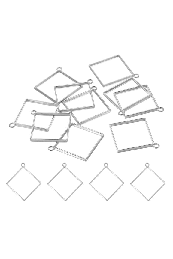 Square Alloy Open Back Bezel Pendants DIY Hollow Frame, Silver Tone 50 Pack