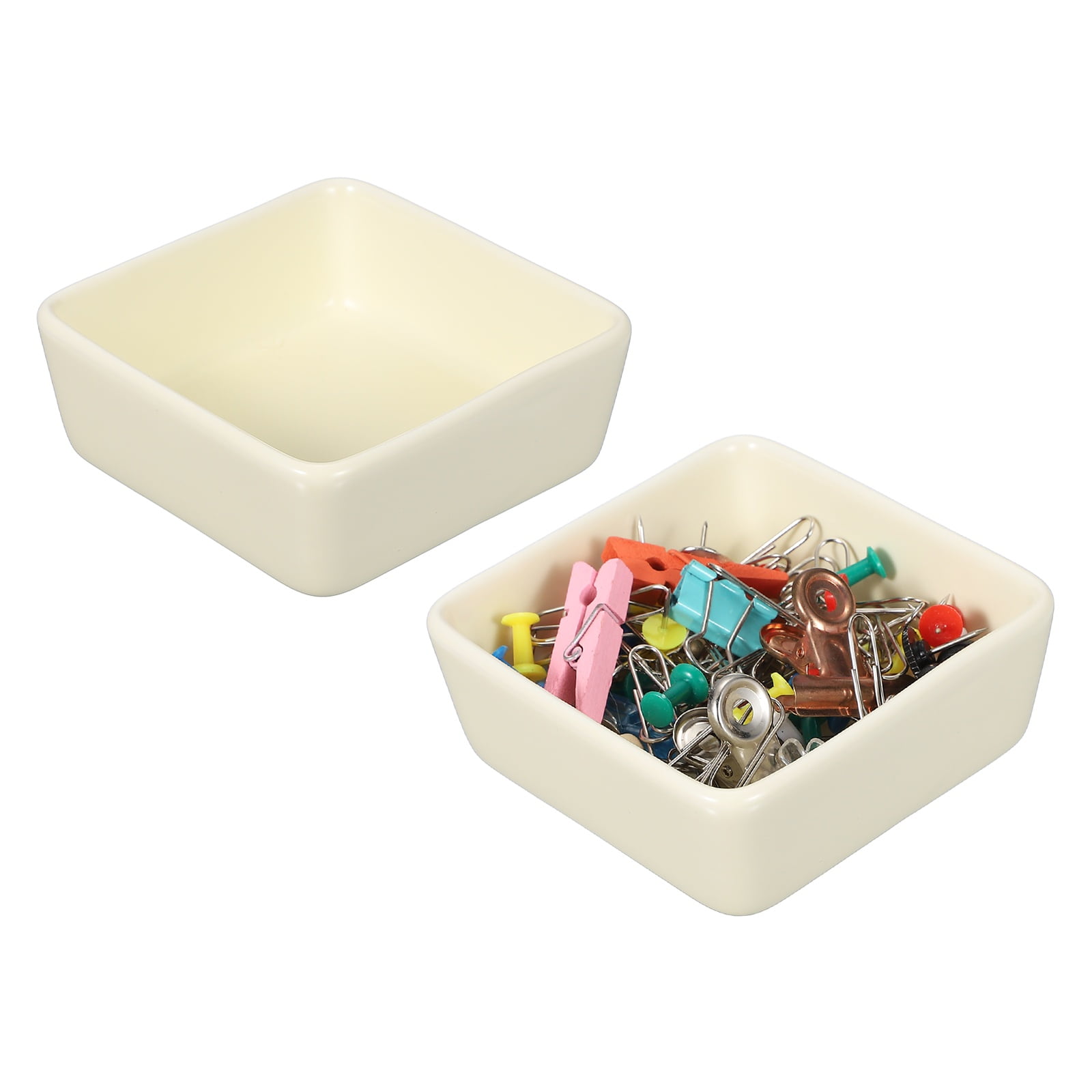 Uxcell Square Paper Clip Holders, 2 Pcs Ceramic Clip Dispenser Organizer Desk Organizer Accessories for Office Desktop Decor Bobby Pin Binder Paper Clamp, Beige