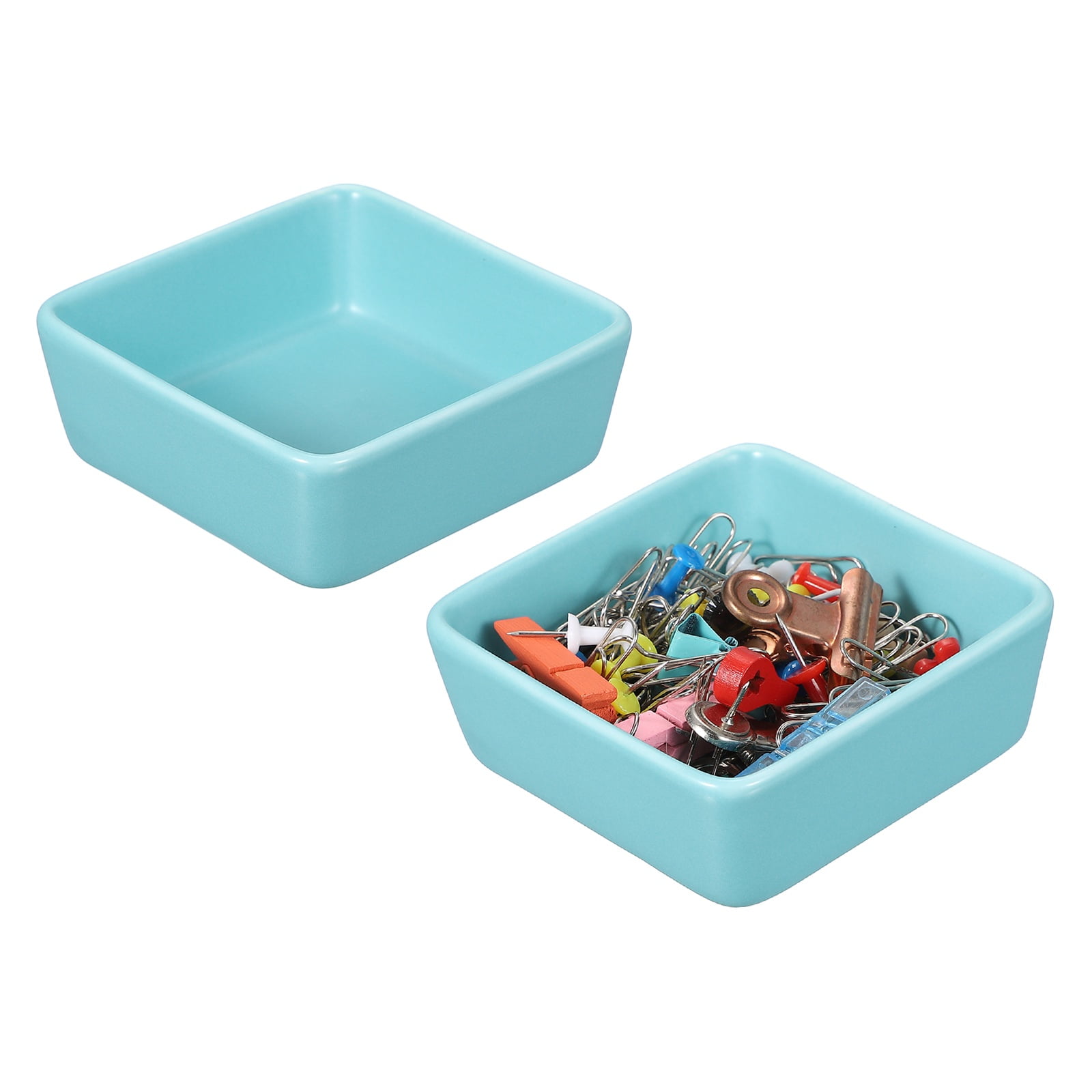 Uxcell Square Paper Clip Holders, 2 Pcs Ceramic Clip Dispenser Organizer Desk Organizer Accessories for Office Desktop Decor Bobby Pin Binder Paper Clamp, Light Blue