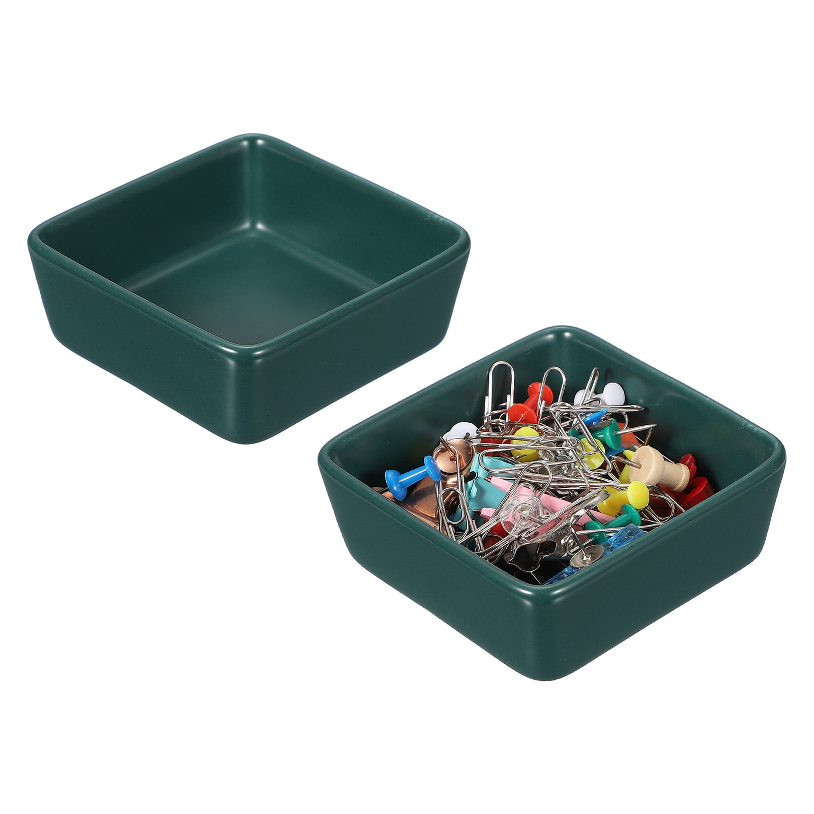 Uxcell Square Paper Clip Holders, 2 Pcs Ceramic Clip Dispenser Organizer Desk Organizer Accessories for Office Desktop Decor Bobby Pin Binder Paper Clamp, Dark Green