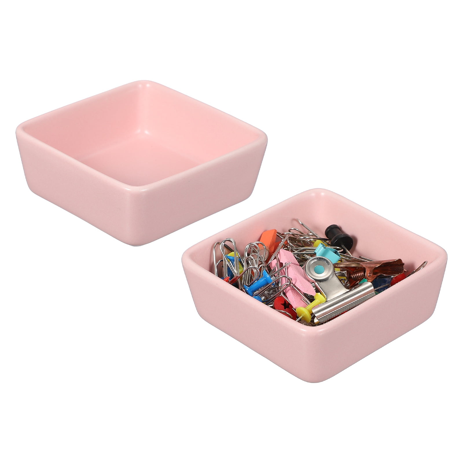 Uxcell Square Paper Clip Holders, 2 Pcs Ceramic Clip Dispenser Organizer Desk Organizer Accessories for Office Desktop Decor Bobby Pin Binder Paper Clamp, Pink