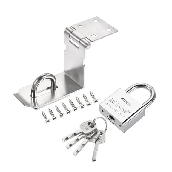 Uxcell 5'' Keyed Different Door Latch Hasp Lock 90 Degree with Padlock Screws, Silver