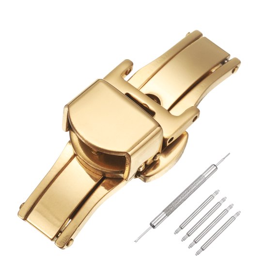 Uxcell Stainless Steel Deployment Clasp, 10mm Butterfly Folding Buckle with Spring Bars and Removal Tool for Leather Watch Band, Gold