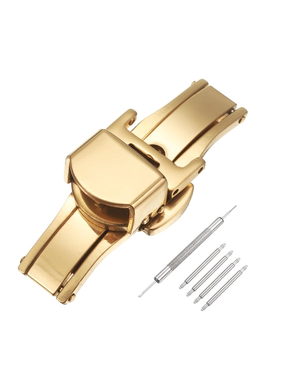 Stainless Steel Deployment Clasp, 12mm Butterfly Folding Buckle with Spring Bars and Removal Tool for Leather Watch Band, Gold