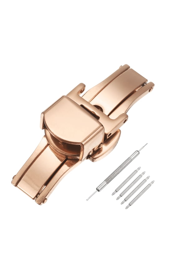 Stainless Steel Deployment Clasp, 12mm Butterfly Folding Buckle with Spring Bars and Removal Tool for Leather Watch Band, Rose Gold