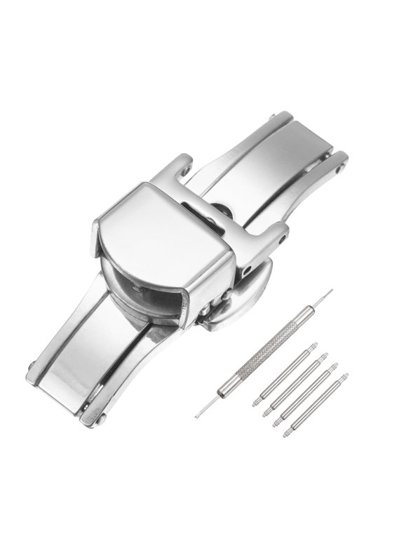Stainless Steel Deployment Clasp, 12mm Butterfly Folding Buckle with Spring Bars and Removal Tool for Leather Watch Band, Silver