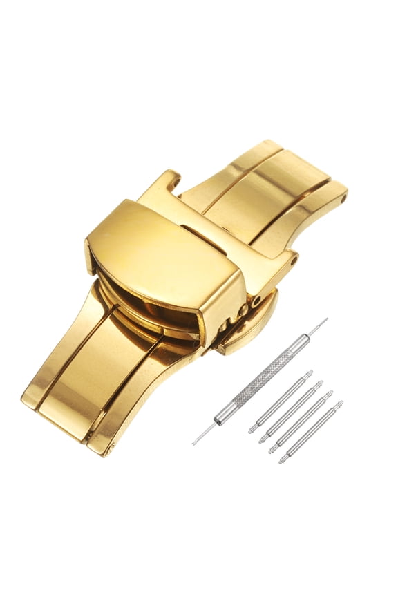 Stainless Steel Deployment Clasp, 14mm Butterfly Folding Buckle with Spring Bars and Removal Tool for Leather Watch Band, Gold