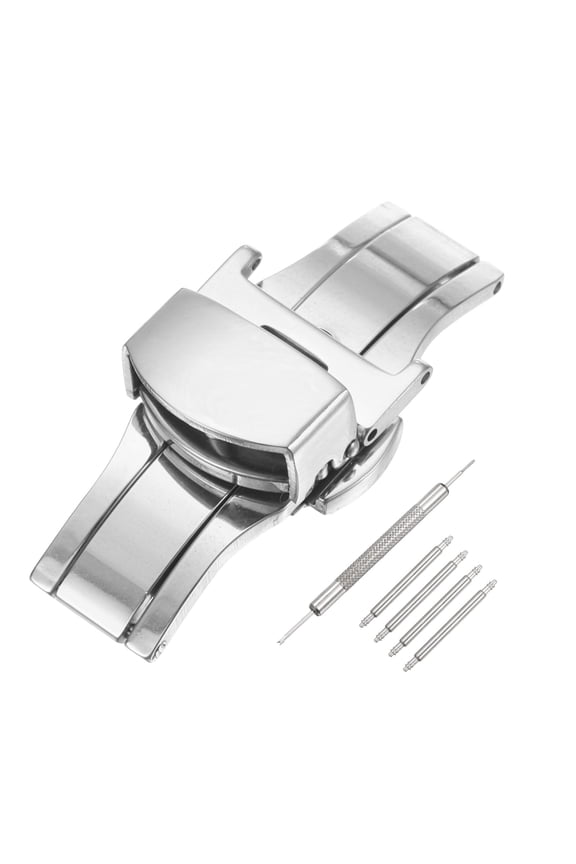 Stainless Steel Deployment Clasp, 14mm Butterfly Folding Buckle with Spring Bars and Removal Tool for Leather Watch Band, Silver