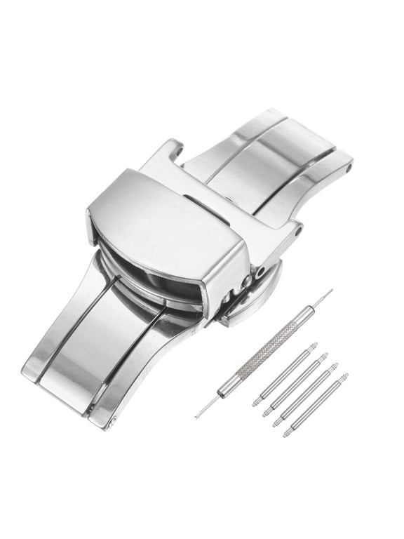 Stainless Steel Deployment Clasp, 14mm Butterfly Folding Buckle with Spring Bars and Removal Tool for Leather Watch Band, Silver