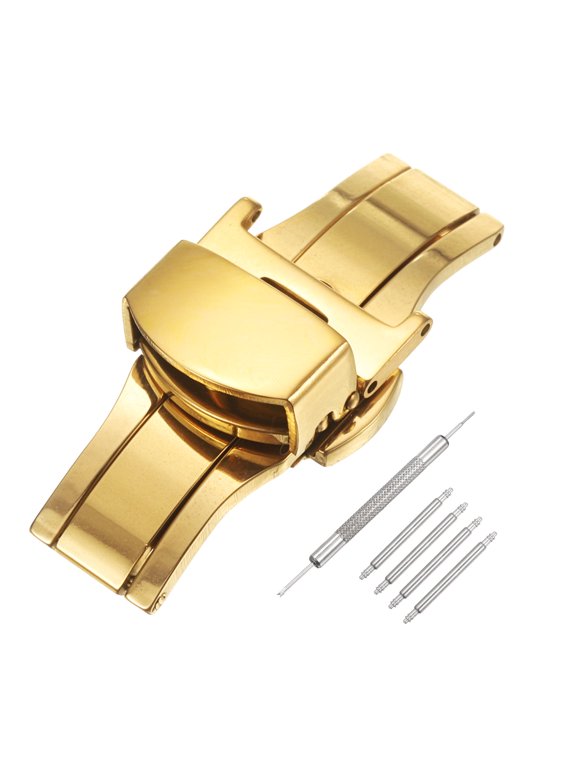Stainless Steel Deployment Clasp, 16mm Butterfly Folding Buckle with Spring Bars and Removal Tool for Leather Watch Band, Gold
