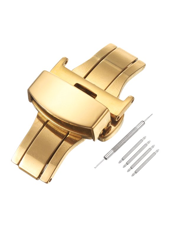 Stainless Steel Deployment Clasp, 18mm Butterfly Folding Buckle with Spring Bars and Removal Tool for Leather Watch Band, Gold