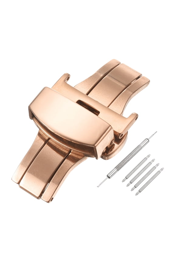 Stainless Steel Deployment Clasp, 18mm Butterfly Folding Buckle with Spring Bars and Removal Tool for Leather Watch Band, Rose Gold