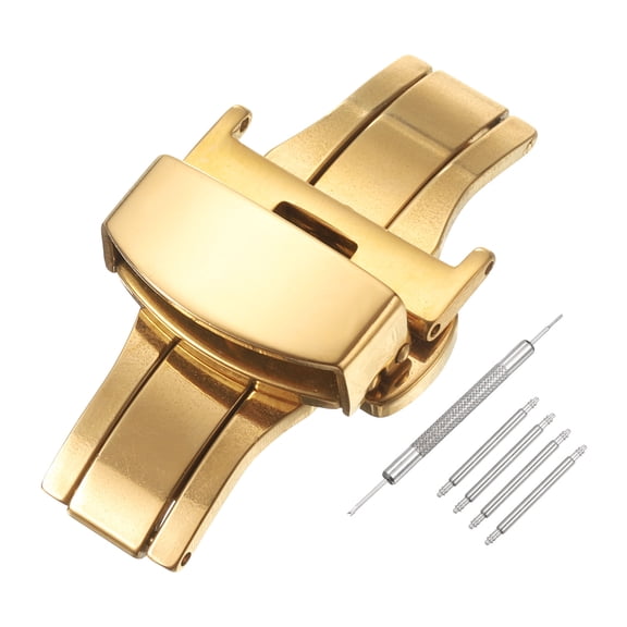 Uxcell Stainless Steel Deployment Clasp, 20mm Butterfly Folding Buckle with Spring Bars and Removal Tool for Leather Watch Band, Gold