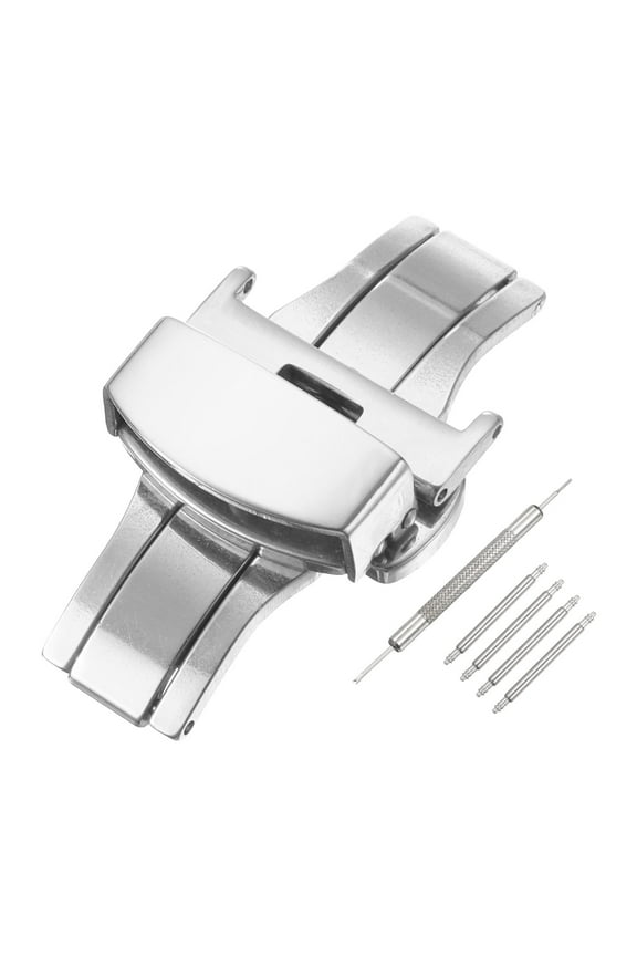 Stainless Steel Deployment Clasp, 20mm Butterfly Folding Buckle with Spring Bars and Removal Tool for Leather Watch Band, Silver