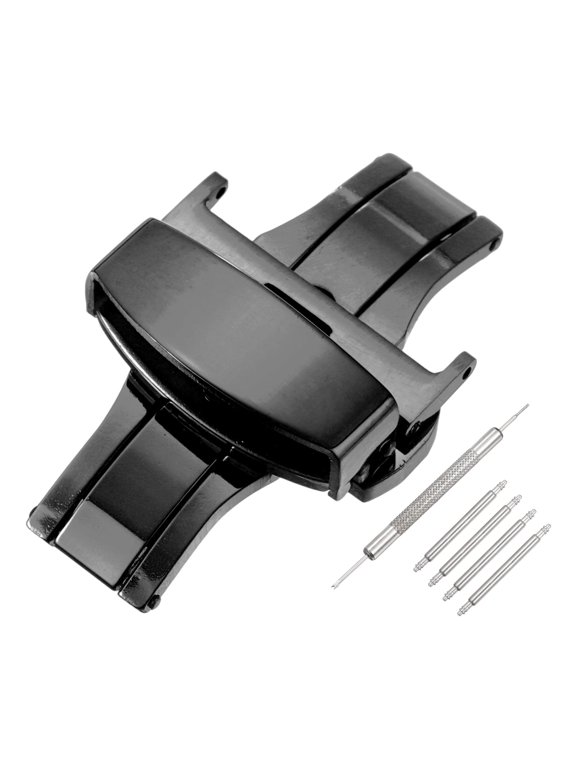 Stainless Steel Deployment Clasp, 22mm Butterfly Folding Buckle with Spring Bars and Removal Tool for Leather Watch Band, Black