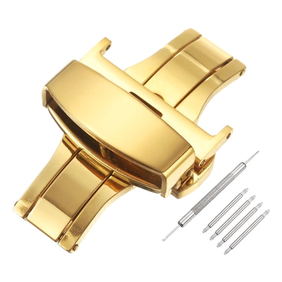 Uxcell Stainless Steel Deployment Clasp, 22mm Butterfly Folding Buckle with Spring Bars and Removal Tool for Leather Watch Band, Gold