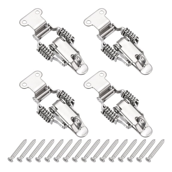 Uxcell Stainless Steel Spring Loaded Toggle Latch with Angle Hook, (S,Silver) (4 Pcs), Compression Double Spring Toolbox Toggle Hasp Clamp Lock with Screws for Cabinet Door Barn