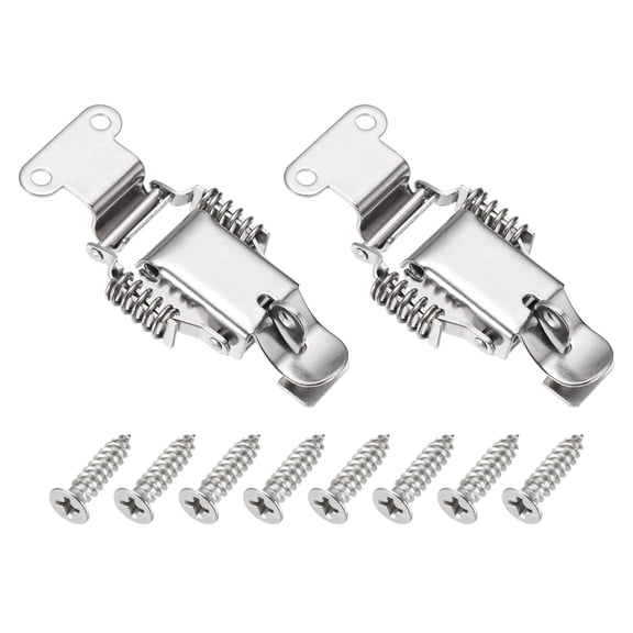 Uxcell Stainless Steel Spring Loaded Toggle Latch with Lock Hole Angle Hook, (L,Silver) (2 Pcs), Compression Double Spring Toolbox Toggle Hasp Clamp Lock with Screws for Cabinet Door Barn