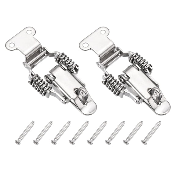 Uxcell Stainless Steel Spring Loaded Toggle Latch with Lock Hole Angle Hook, (S,Silver) (2 Pcs), Compression Double Spring Toolbox Toggle Hasp Clamp Lock with Screws for Cabinet Door Barn