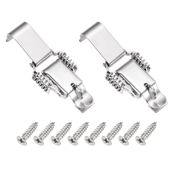 Uxcell Stainless Steel Spring Loaded Toggle Latch with Lock Hole Long Hook, (L,Silver) (2 Pcs), Compression Double Spring Toolbox Toggle Hasp Clamp Lock with Screws for Cabinet Door Barn