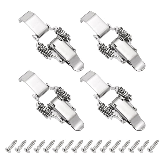 Uxcell Stainless Steel Spring Loaded Toggle Latch with Lock Hole Long Hook, (S,Silver) (4 Pcs), Compression Double Spring Toolbox Toggle Hasp Clamp Lock with Screws for Cabinet Door Barn