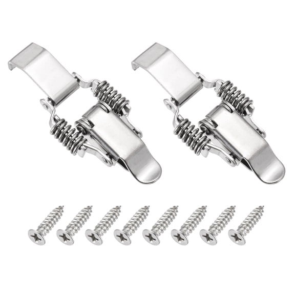 Uxcell Stainless Steel Spring Loaded Toggle Latch with Long Hook, (L,Silver) (2 Pcs), Compression Double Spring Toolbox Toggle Hasp Clamp Lock with Screw for Cabinet Door Barn Wooden Case