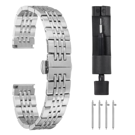 Uxcell Stainless Steel Watch Bands 12mm Double Pressing Butterfly Clasp Metal Solid Steel Chain Watch Strap, Silver Tone