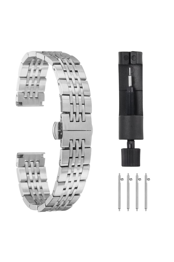 Stainless Steel Watch Bands 12mm Double Pressing Butterfly Clasp Metal Solid Steel Chain Watch Strap, Silver Tone